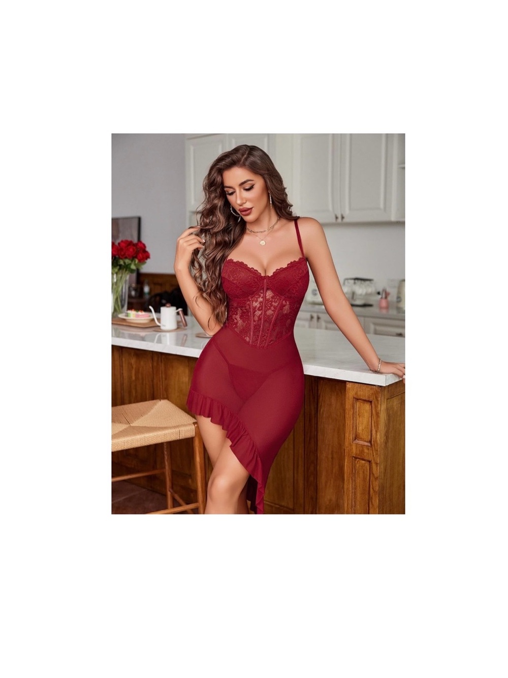 Sheer Lace Red Slip Dress with Ruffle Hem